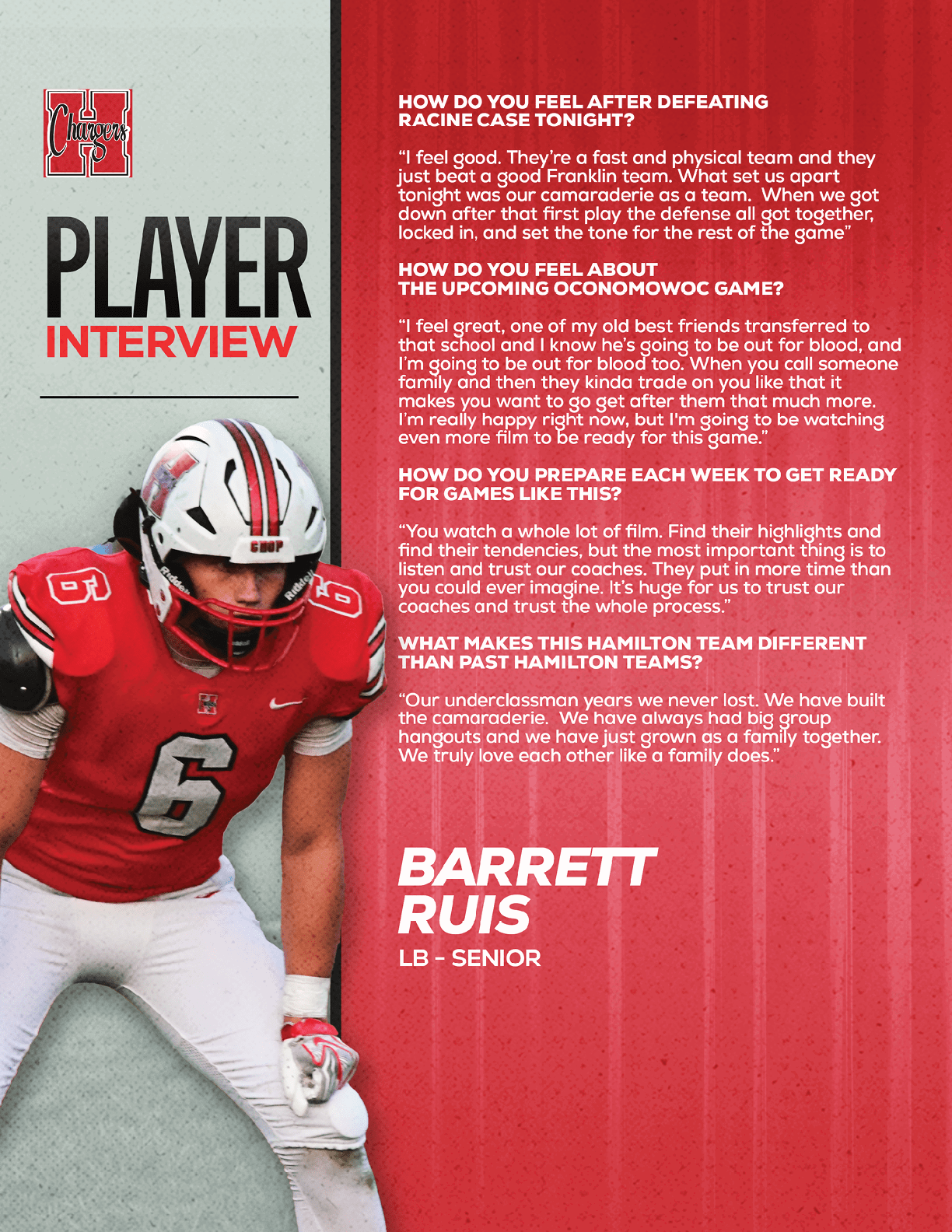 A person in a red football uniform with the number 6 is crouched in an athletic pose next to an interview text about their feelings and preparation for a football game. Description generated by AI