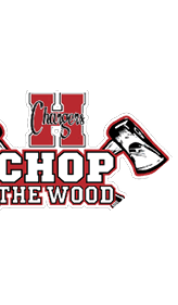 A graphic logo featuring the word “Chargers" over a large red letter H, with the phrase "CHOP THE WOOD" in bold block letters and two crossed axes behind the text. Description generated by AI