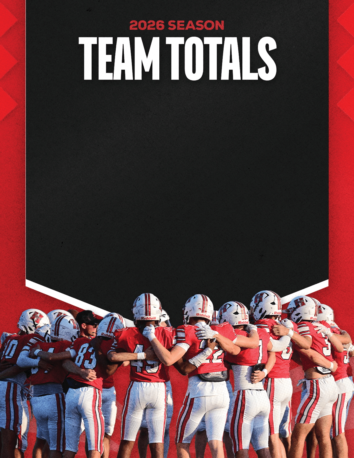 A group of people wearing red and white football uniforms are standing in a close huddle under a black banner with red text that reads 2026 Season Team Totals. Description generated by AI