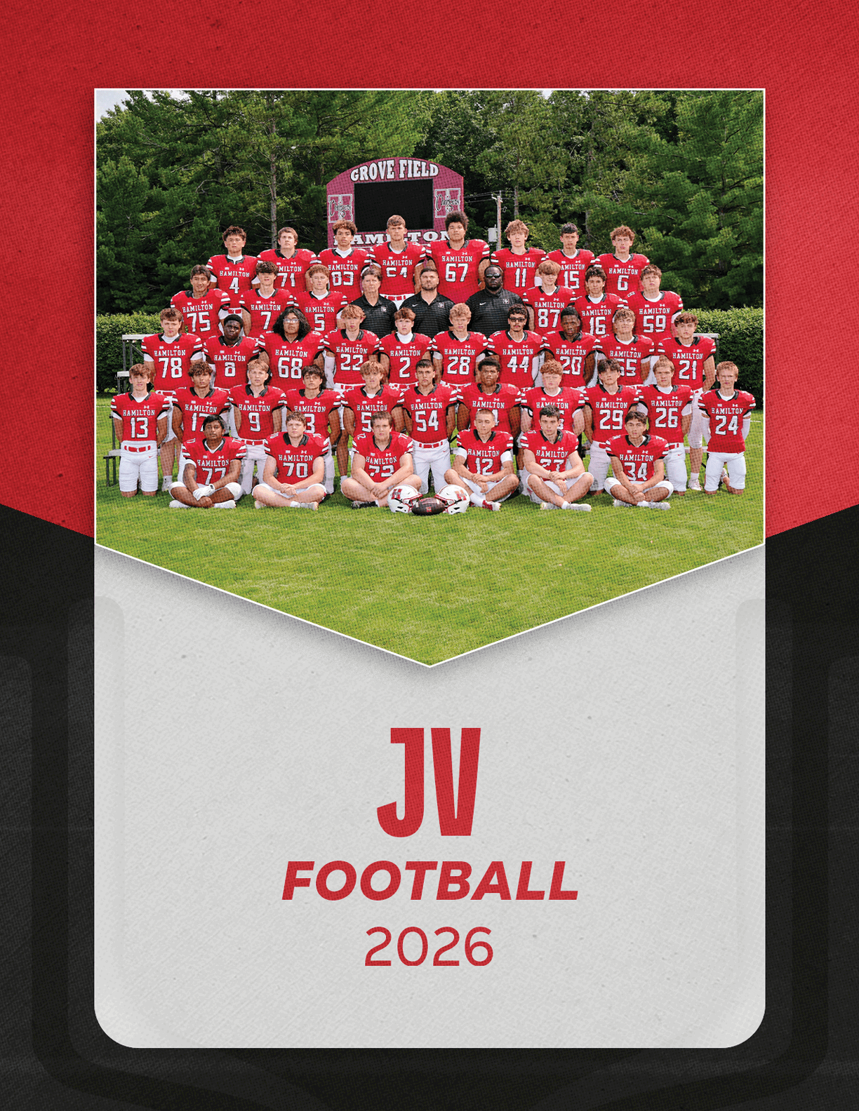 A group of people wearing red football uniforms pose together on grass in front of a scoreboard with the text JV Football 2026 below the photo on a red, black, and white background. Description generated by AI