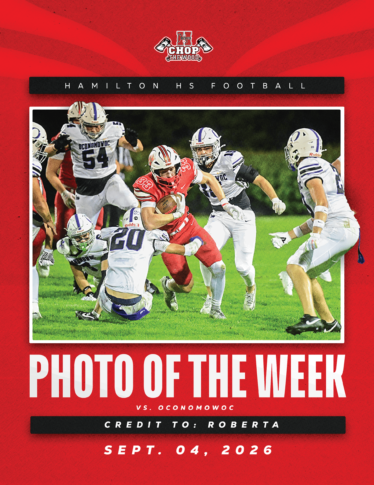 A group of people in football uniforms are actively engaged in a game on a grassy field with one person in red running with the ball while others in white attempt to block or tackle. Description generated by AI