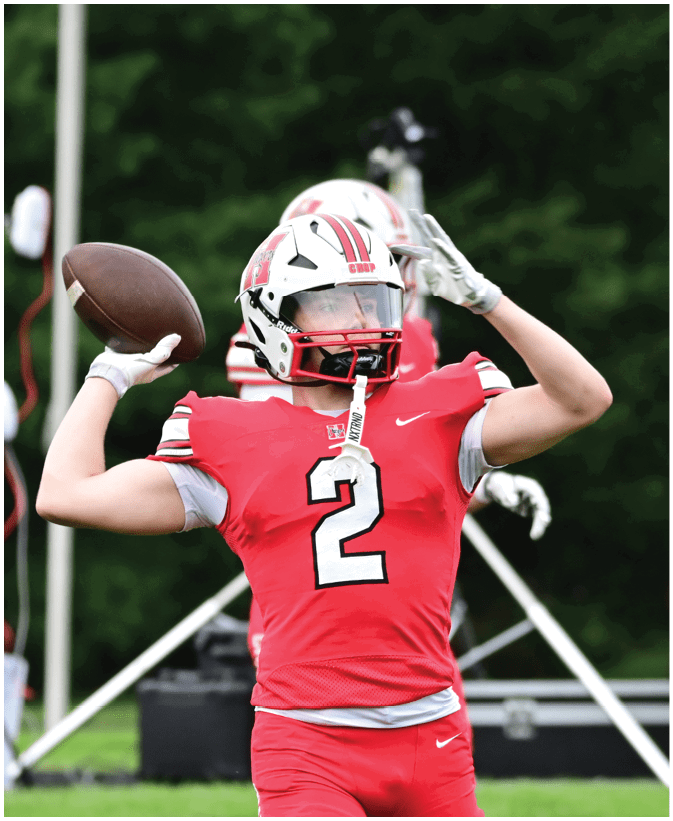 A person wearing a red football uniform with the number two is preparing to throw a football on a field with a blurred green background. Description generated by AI