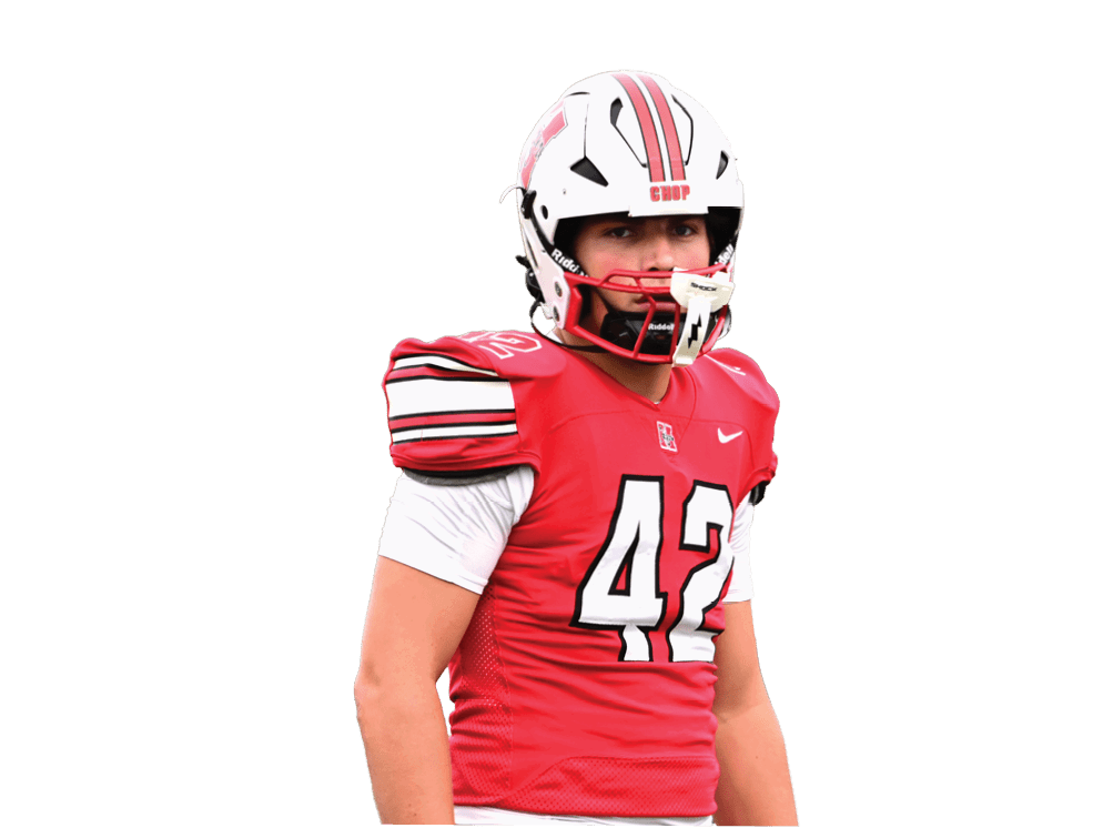 A person wearing a white football helmet with red stripes and the word “CHOP" on the front is looking forward. Description generated by AI
