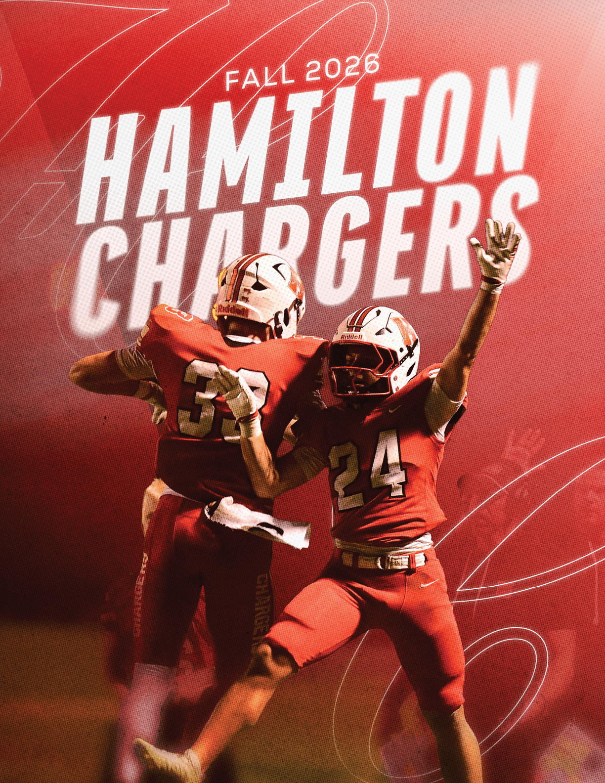Two people in red football uniforms celebrating on a field with the text “Fall 2026 Hamilton Chargers" in bold white letters above them. Description generated by AI