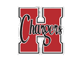 A large red letter H outlined in white and black with the word Chargers written across it in black script with a white outline. Description generated by AI