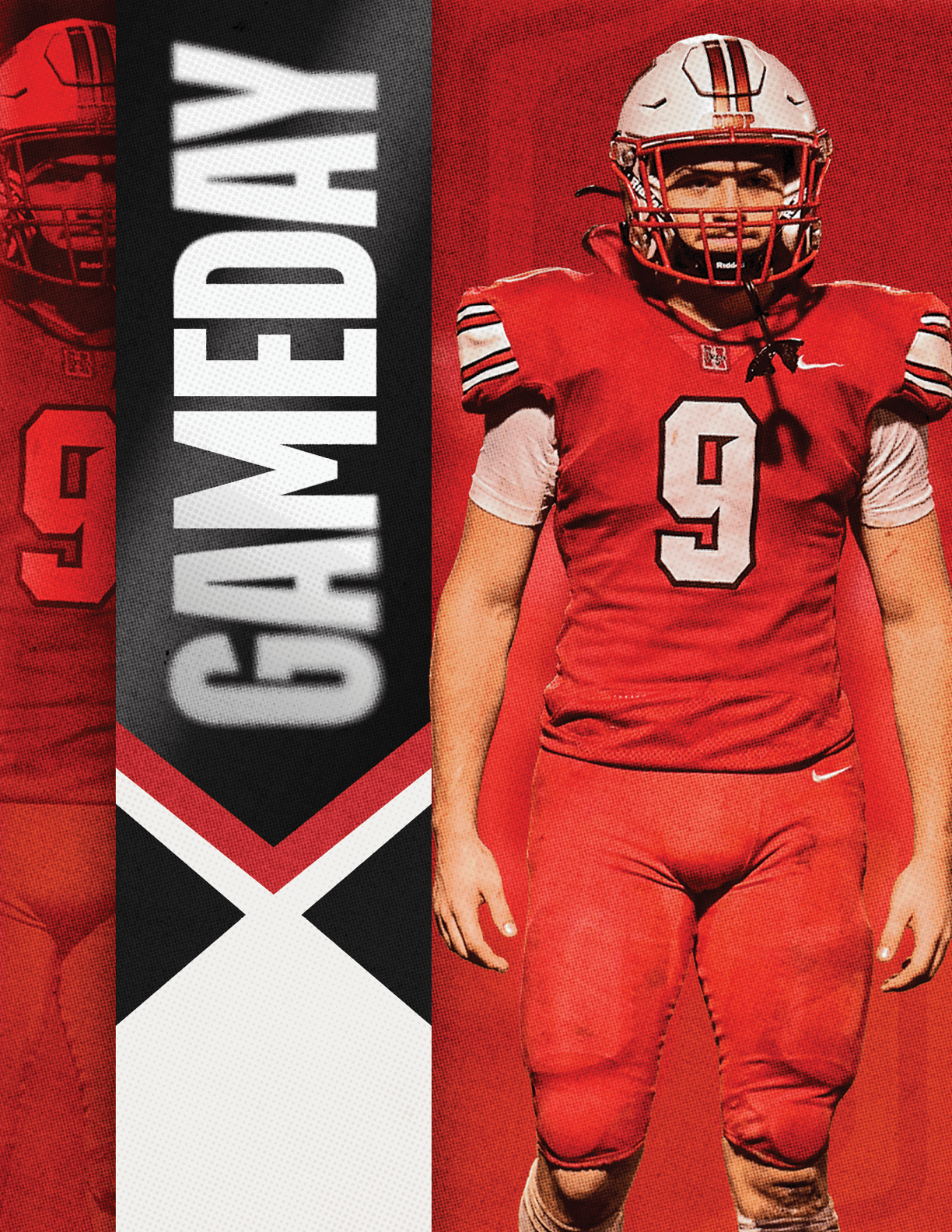 A person wearing a red football uniform with the number nine stands next to a vertical banner with the word GAMEDAY on a red background. Description generated by AI
