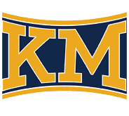 Bold yellow letters “KM" outlined in white and navy blue on a navy blue background with curved yellow and white borders at the top and bottom. Description generated by AI