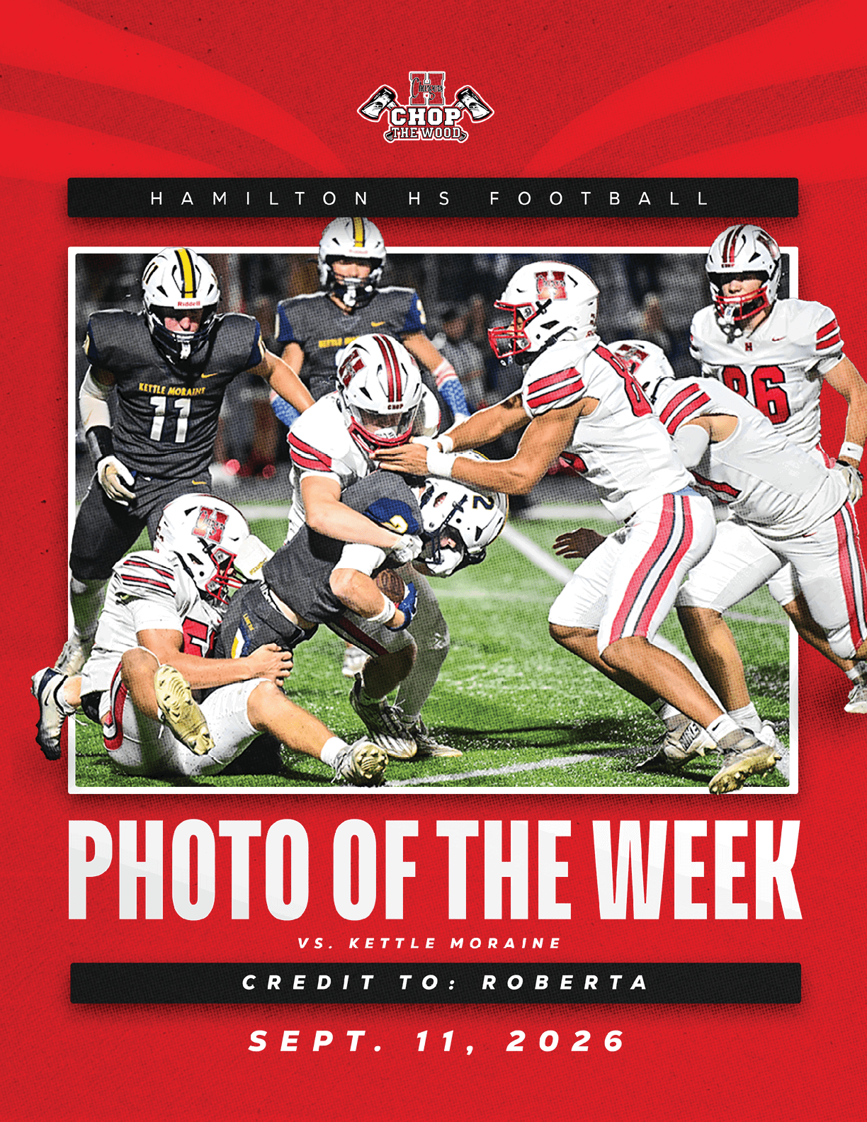 A group of football players in action on a field during a game between Hamilton High School and Kettle Moraine with several players tackling and blocking. Description generated by AI
