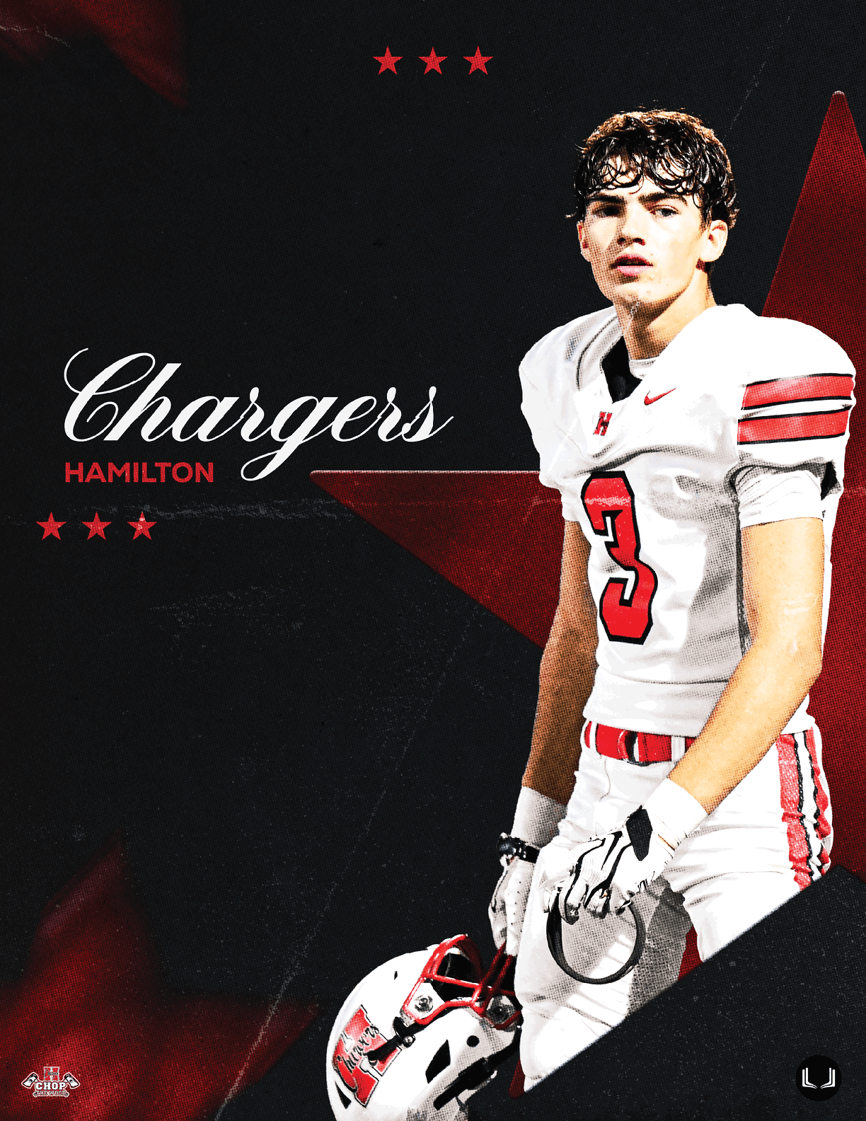 A person in a white football uniform with red and black accents stands holding a helmet against a dark background with the text Chargers Hamilton and red stars. Description generated by AI