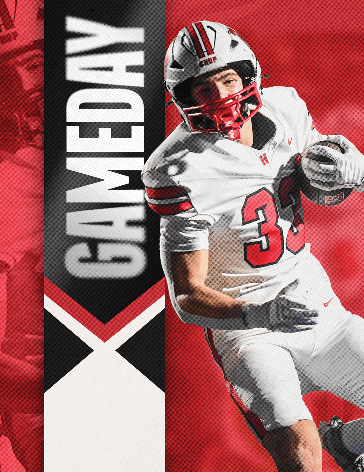 A person in a white football uniform with the number 34 is running with a football against a red background with the word GAMEDAY in bold white letters on a black vertical banner. Description generated by AI