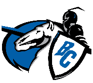 A stylized logo featuring a knight in armor holding a lance and shield with the letters BC, alongside a white horse with a blue background. Description generated by AI