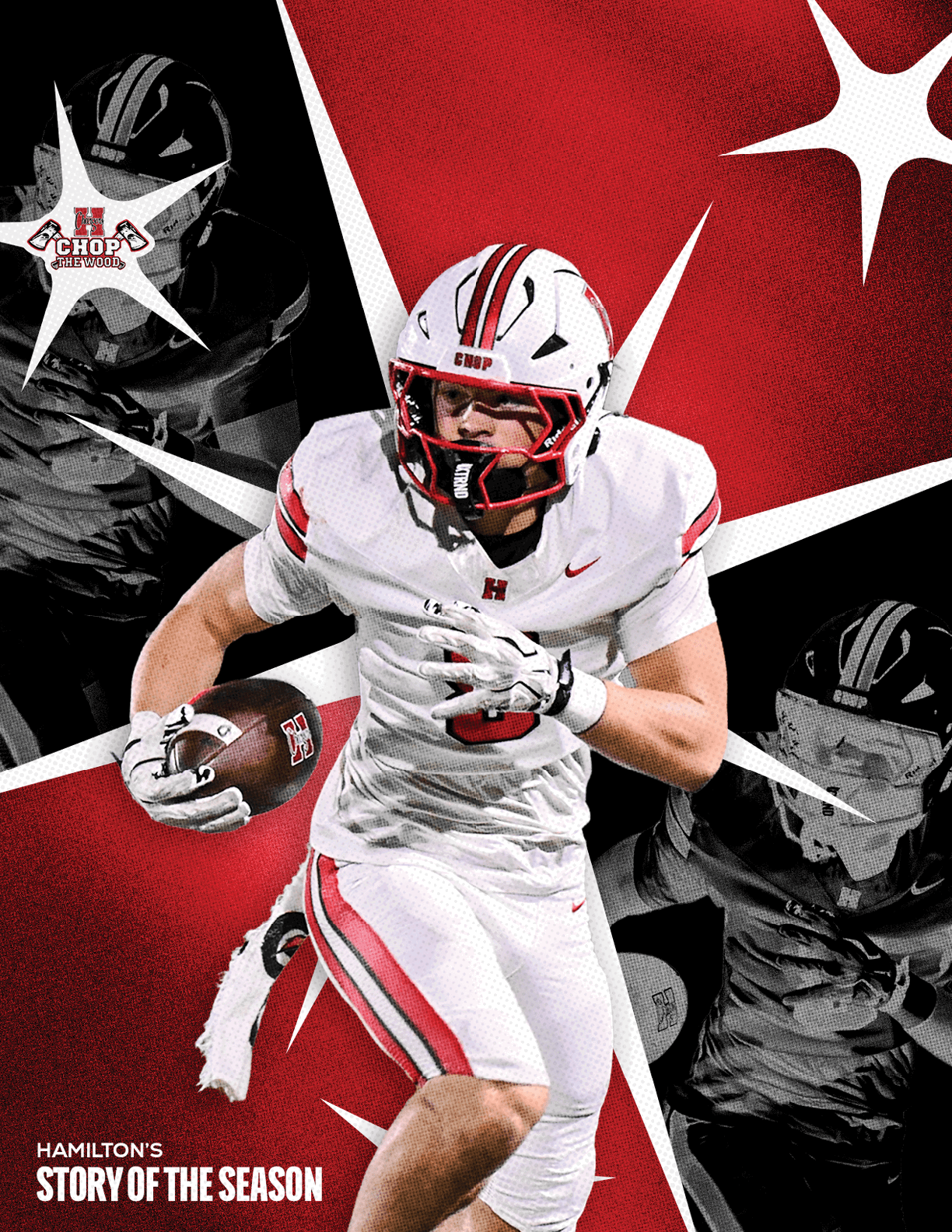 A person in a white football uniform with red stripes is running with a football against a red and black graphic background with the text “Hamilton's Story of the Season." Description generated by AI