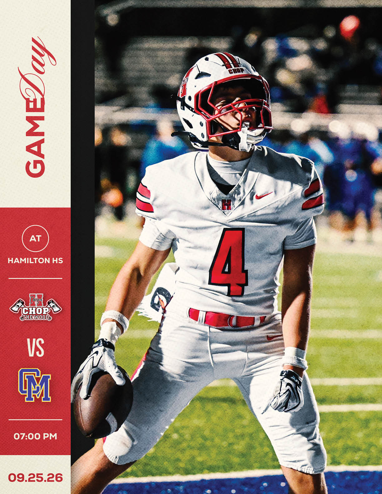A person in a white football uniform with the number four is holding a football on a field with a blurred crowd in the background, alongside a graphic showing a game day matchup between Hamilton High School and another team. Description generated by AI