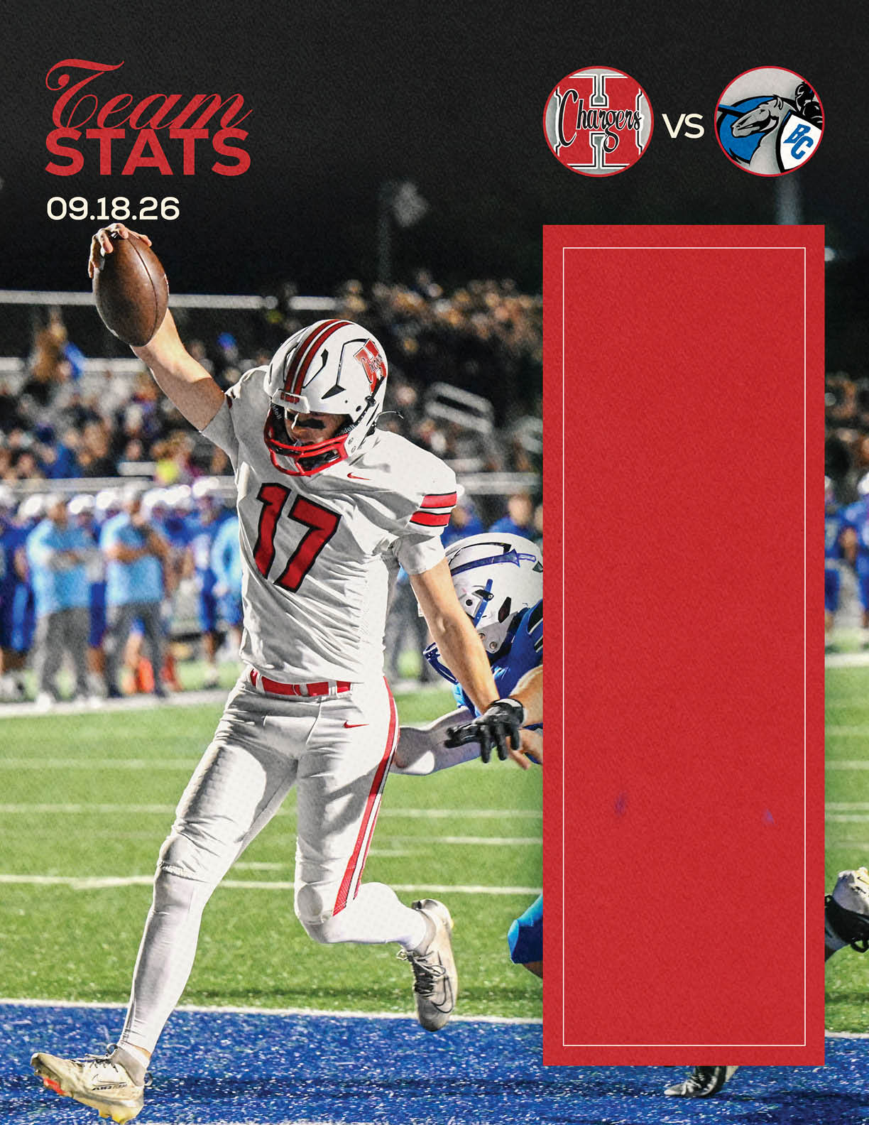 A person wearing a white football uniform with the number 17 is running on a field while holding a football in one hand with a blurred crowd in the background and team logos displayed at the top. Description generated by AI