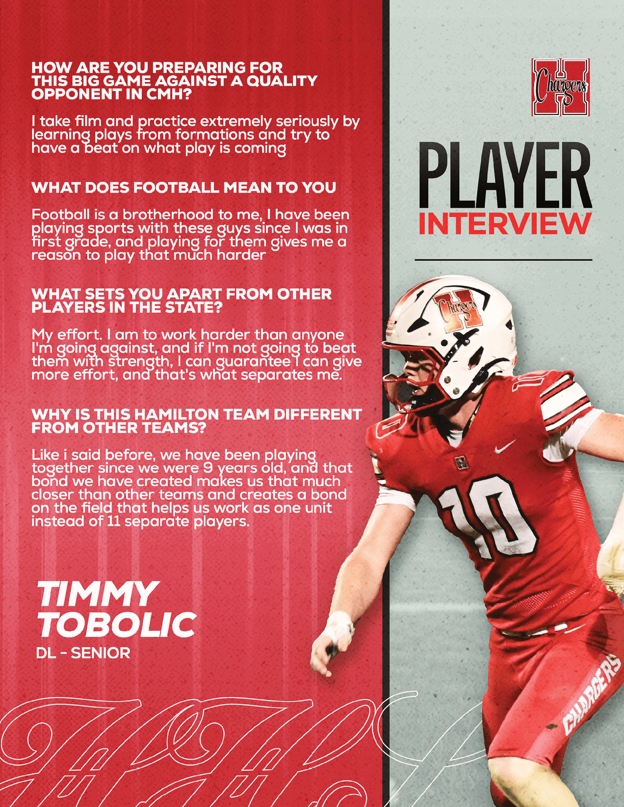 A person in a red and white football uniform with the number 10 is featured next to an interview text about football preparation, teamwork, and dedication. Description generated by AI