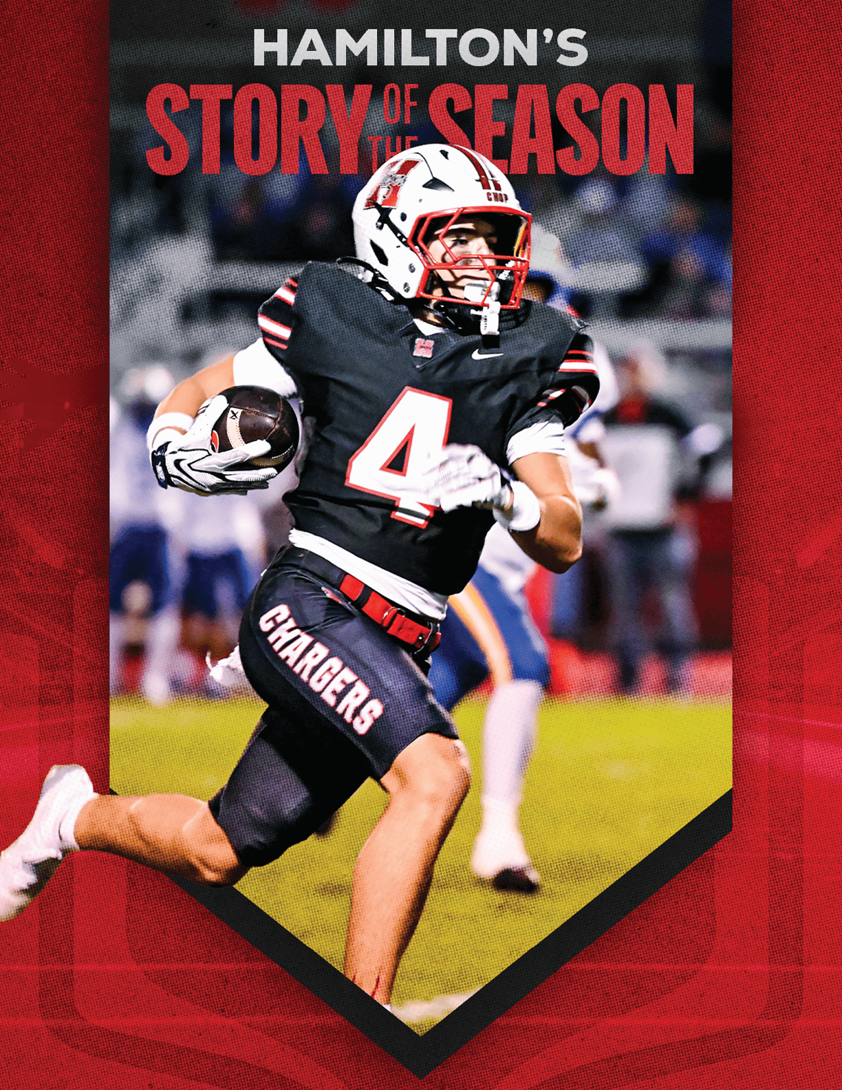 A person in a black football uniform with the number 4 and a white helmet is running with a football on a field with blurred spectators in the background, with the text “Hamilton's Story of the Season" above. Description generated by AI