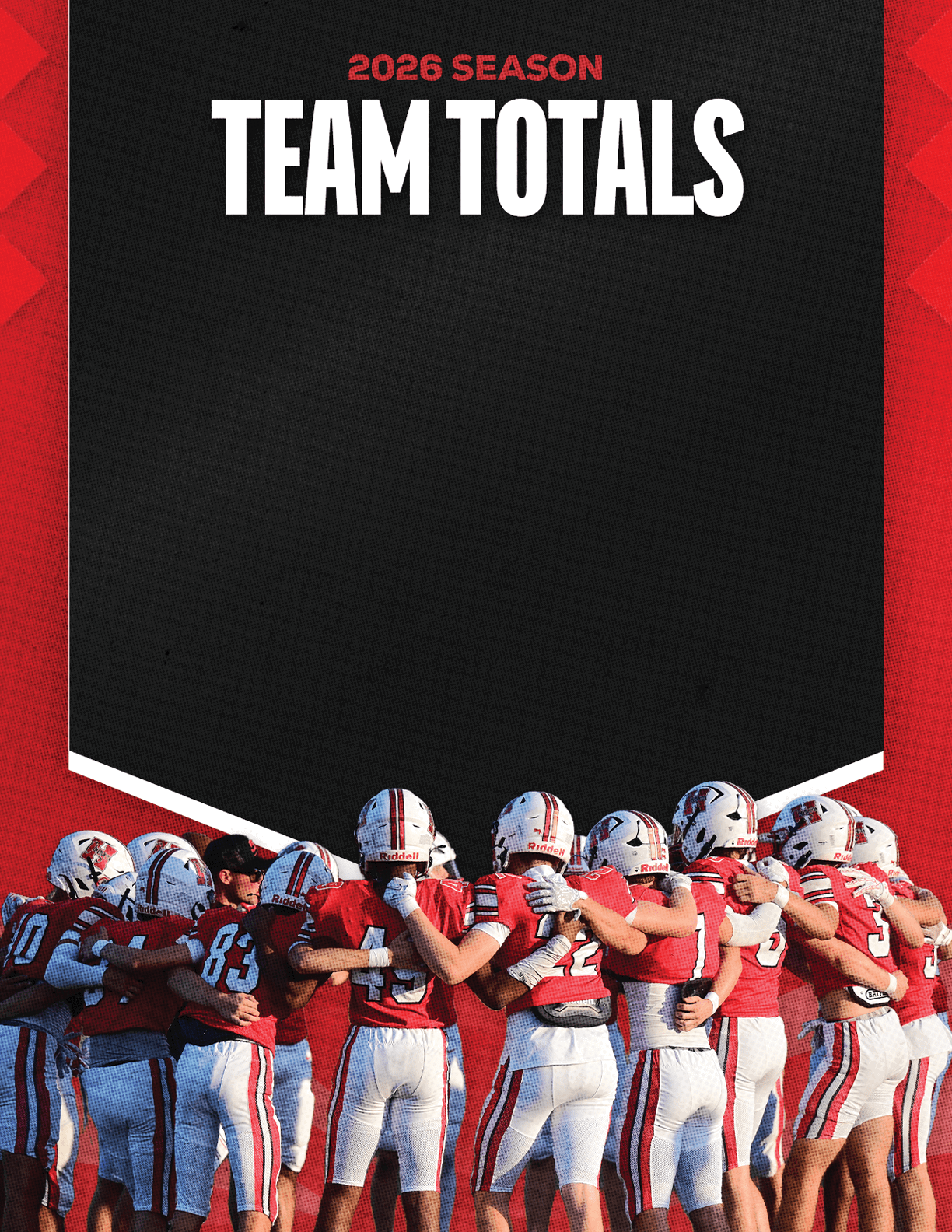 A group of people wearing red and white football uniforms are standing in a close huddle under a black banner with red text that reads 2026 Season Team Totals. Description generated by AI