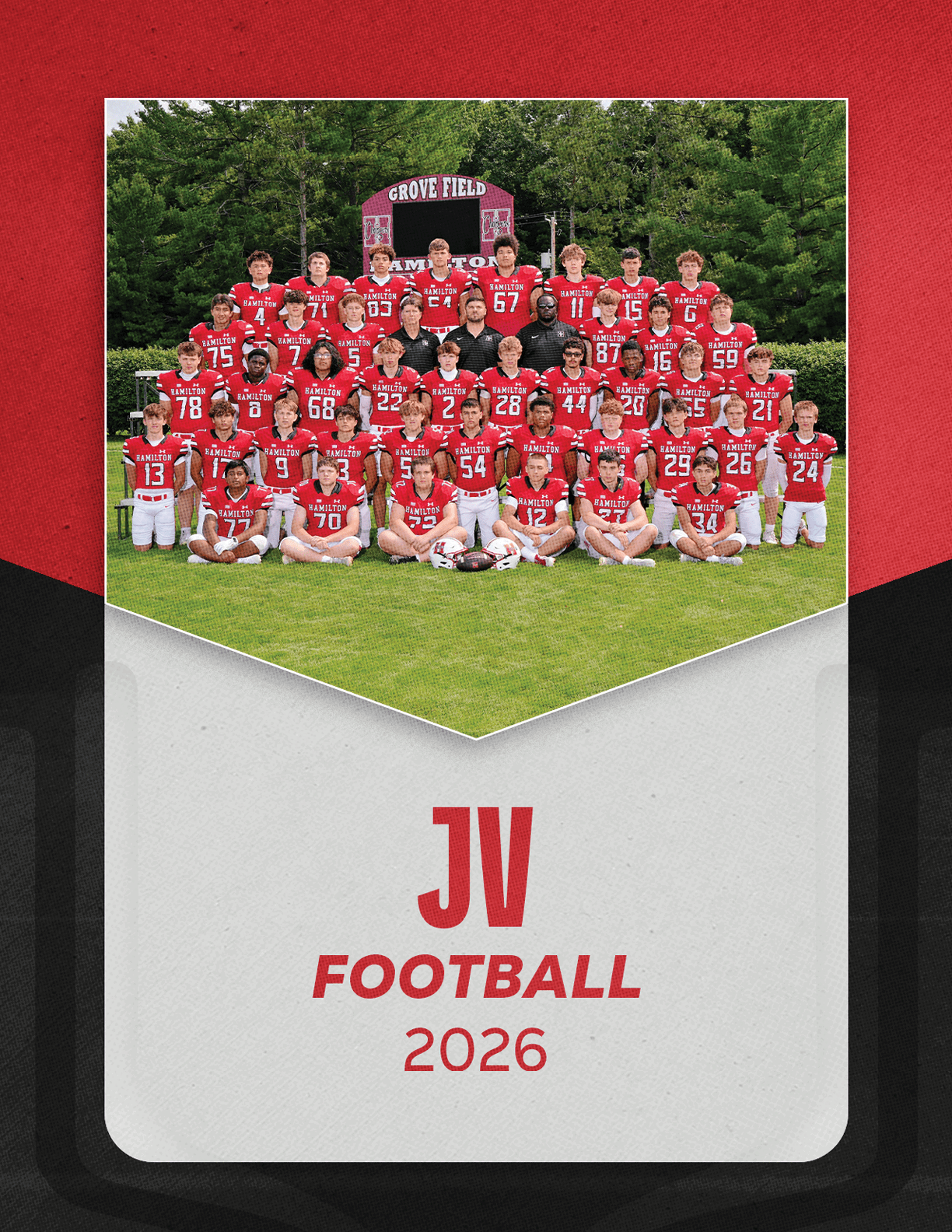A group of people wearing red football uniforms pose together on grass in front of a scoreboard with the text JV Football 2026 below the photo on a red, black, and white background. Description generated by AI