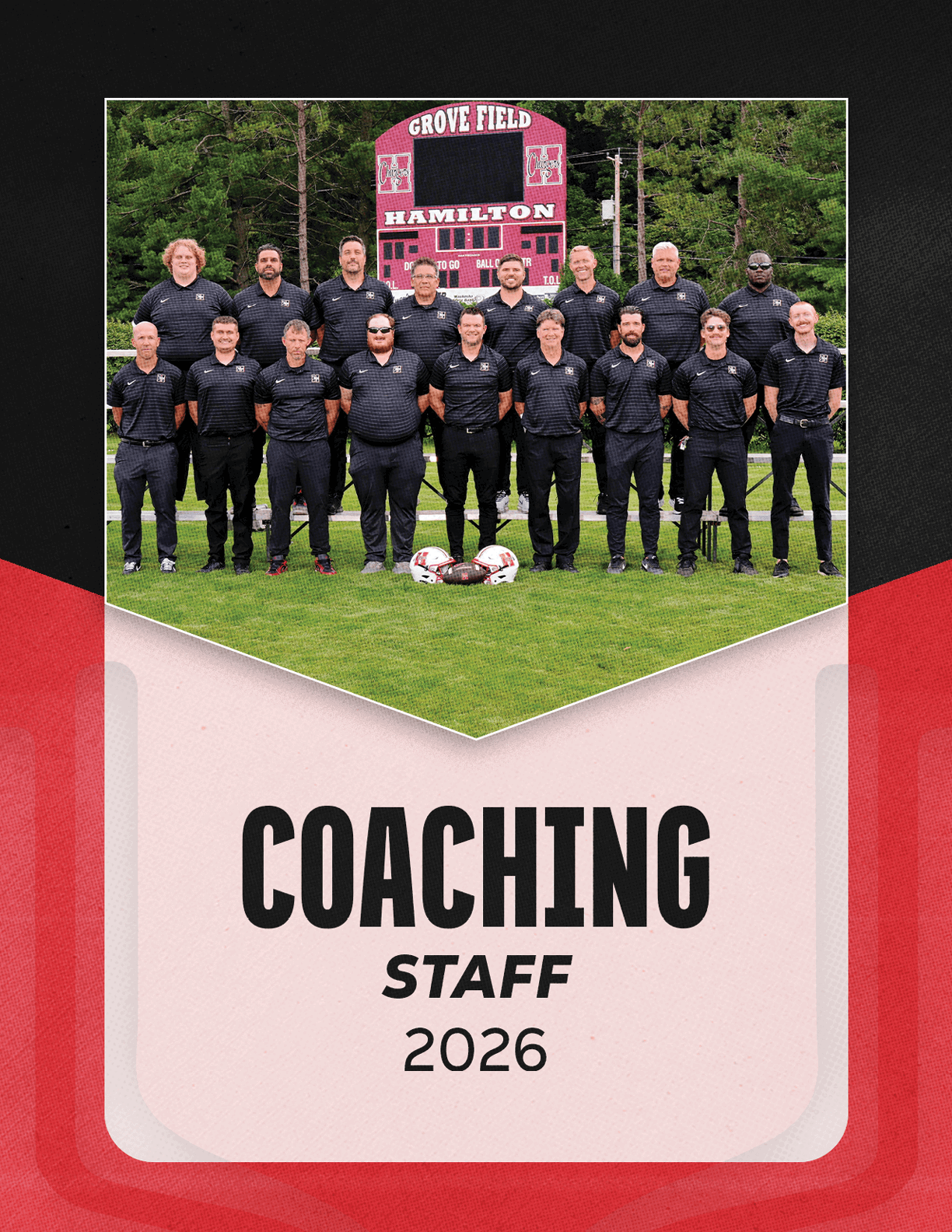 A group of people dressed in black sportswear pose on a grassy field in front of a scoreboard with the text “Grove Field Hamilton" above the words "Coaching Staff 2026" on a stylized background. Description generated by AI