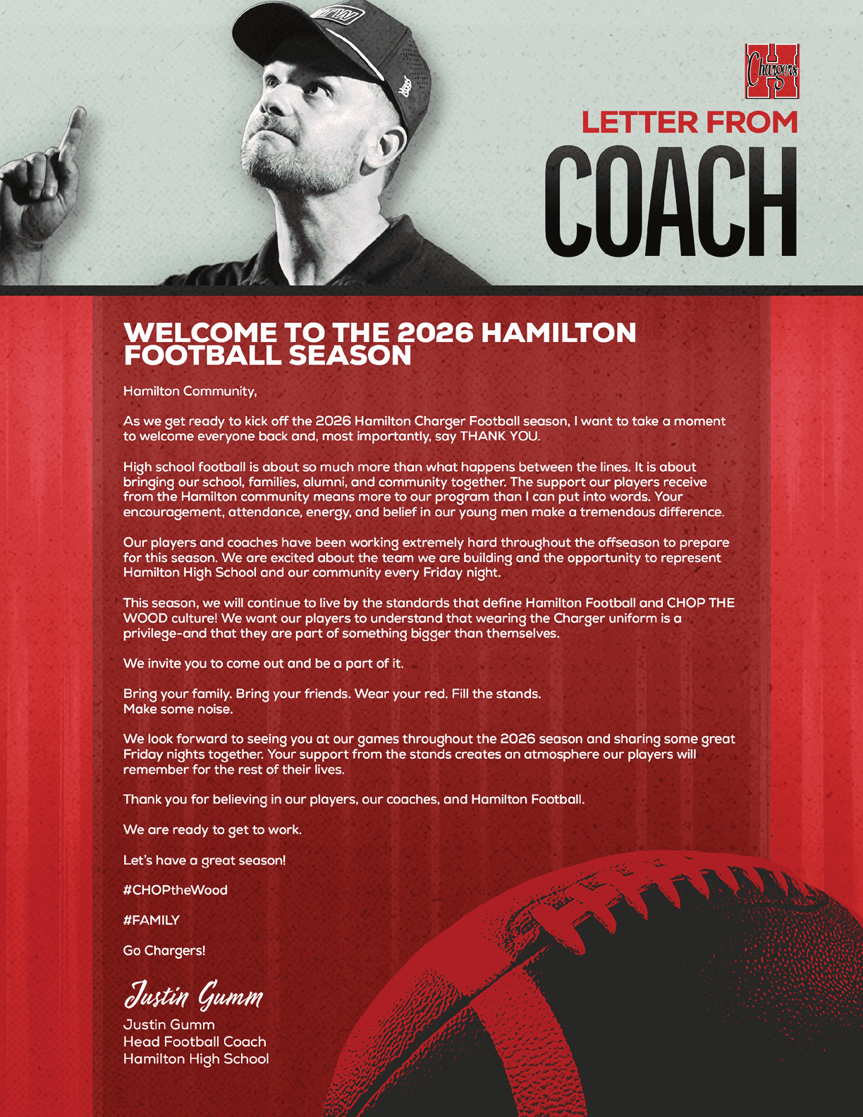 An adult wearing a cap points upward with a serious expression next to a red and gray graphic welcoming viewers to the 2026 Hamilton football season with a letter from the coach. Description generated by AI