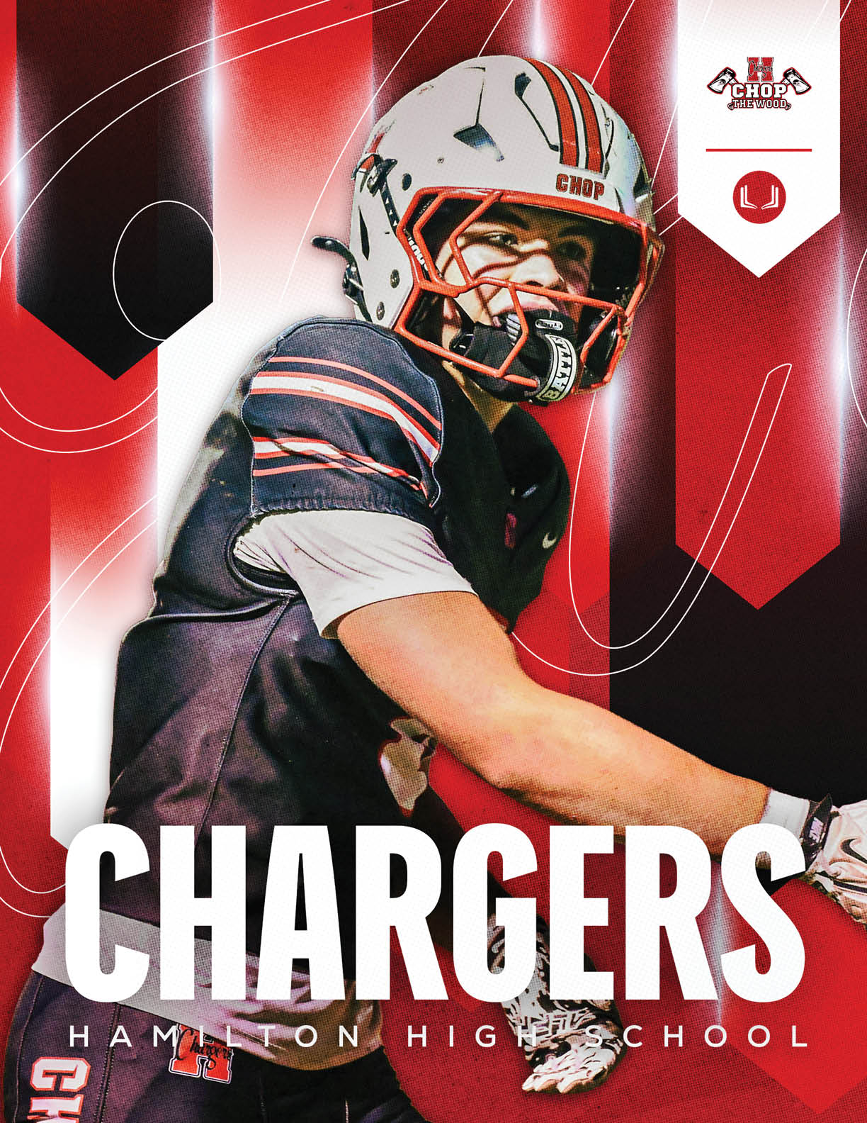 A person wearing a football helmet and uniform with the word Chargers and Hamilton High School text in the background. Description generated by AI