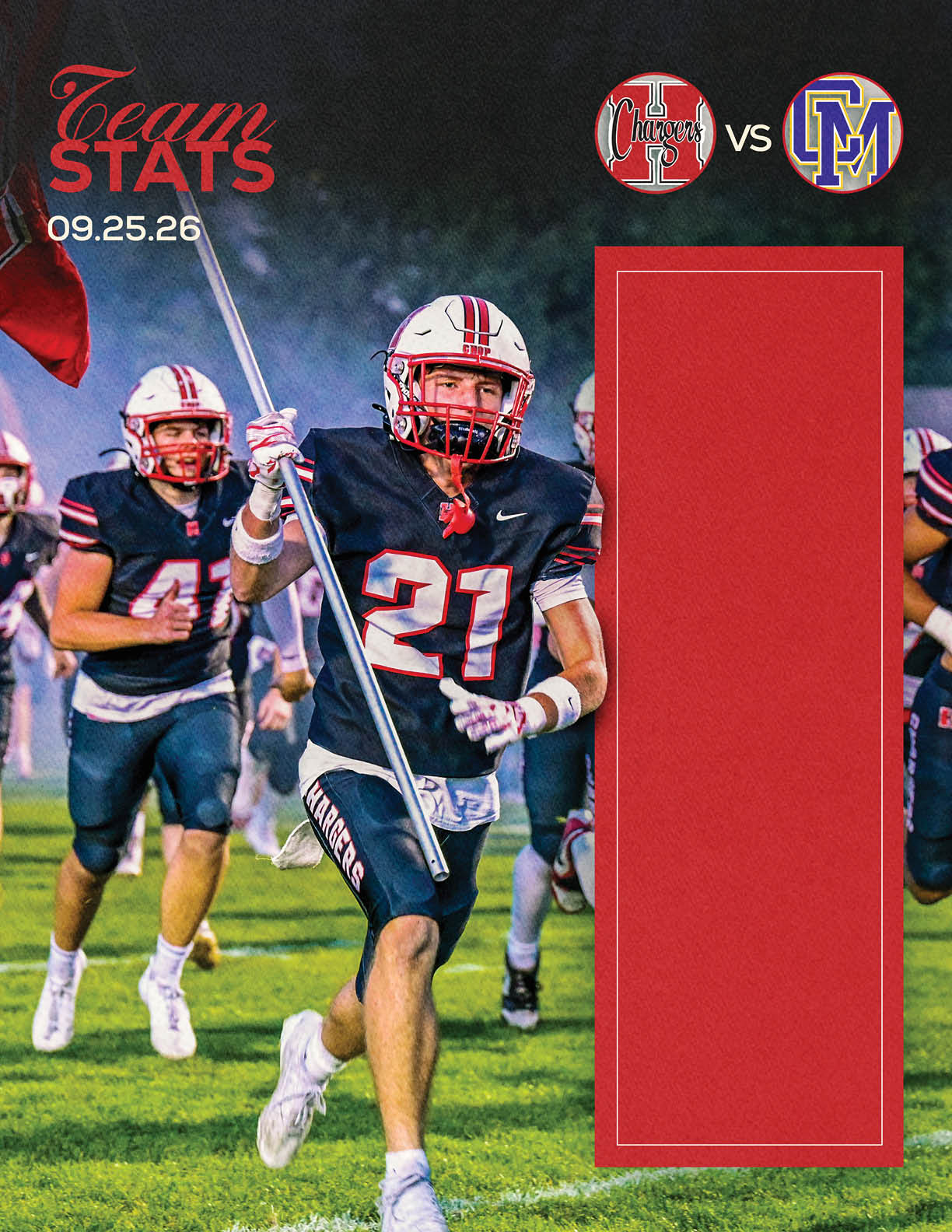A group of football players in dark uniforms with white helmets are running onto a field with one player holding a flag, accompanied by team logos and the text “Team Stats" and a date. Description generated by AI