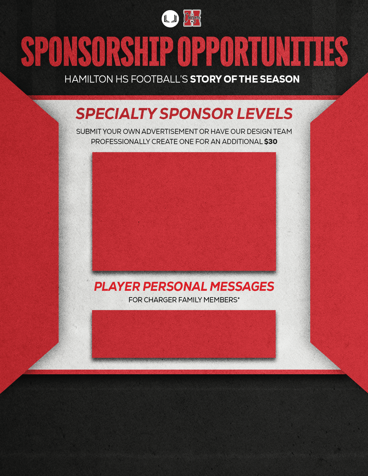 Sponsorship opportunities for Hamilton High School football's story of the season featuring specialty sponsor levels and player personal messages with a red, black, and white color scheme. Description generated by AI