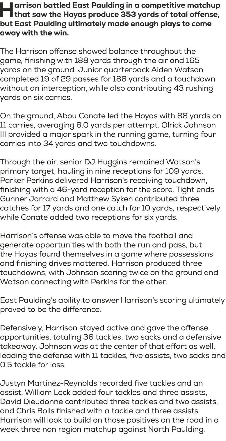 H arrison battled East Paulding in a competitive matchup that saw the Hoyas produce 353 yards of total offense, but E...