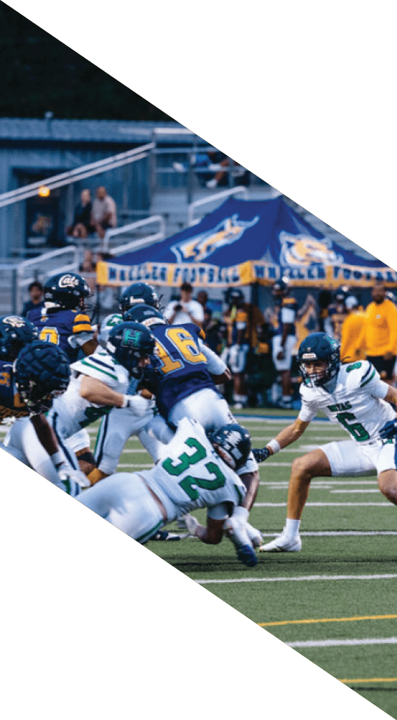 A football player wearing a black helmet and white jersey is holding a football in his hands. AI generated content