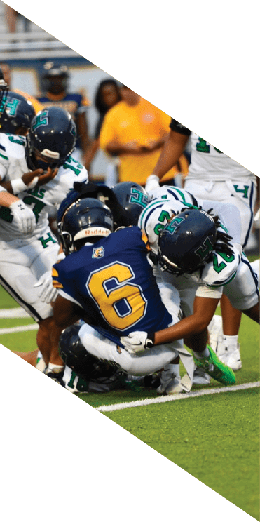 A group of football players wearing headphones and smiling. AI generated content