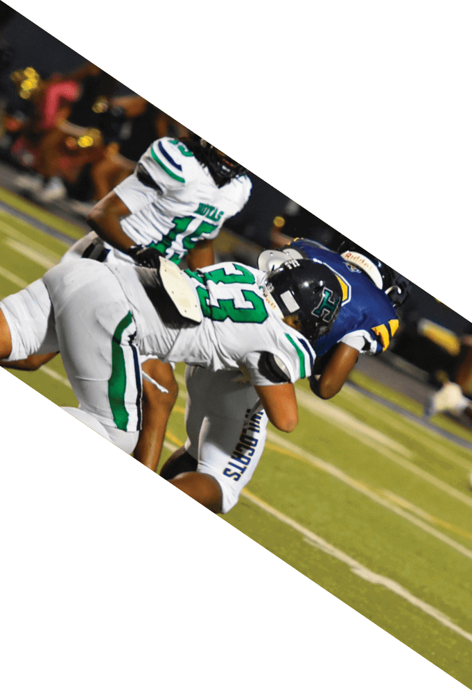Three football players wearing green uniforms and black helmets pose for a photo. AI generated content