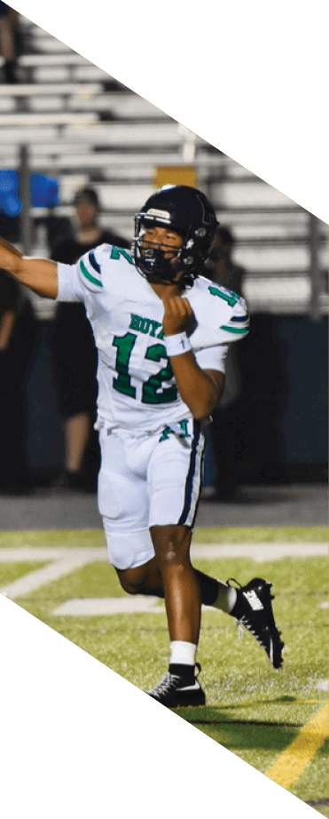 A football player wearing a helmet and white uniform is holding his helmet above his head. AI generated content