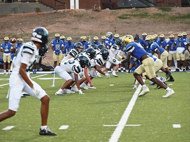 A group of football players in black and white uniforms are on the field. AI generated content