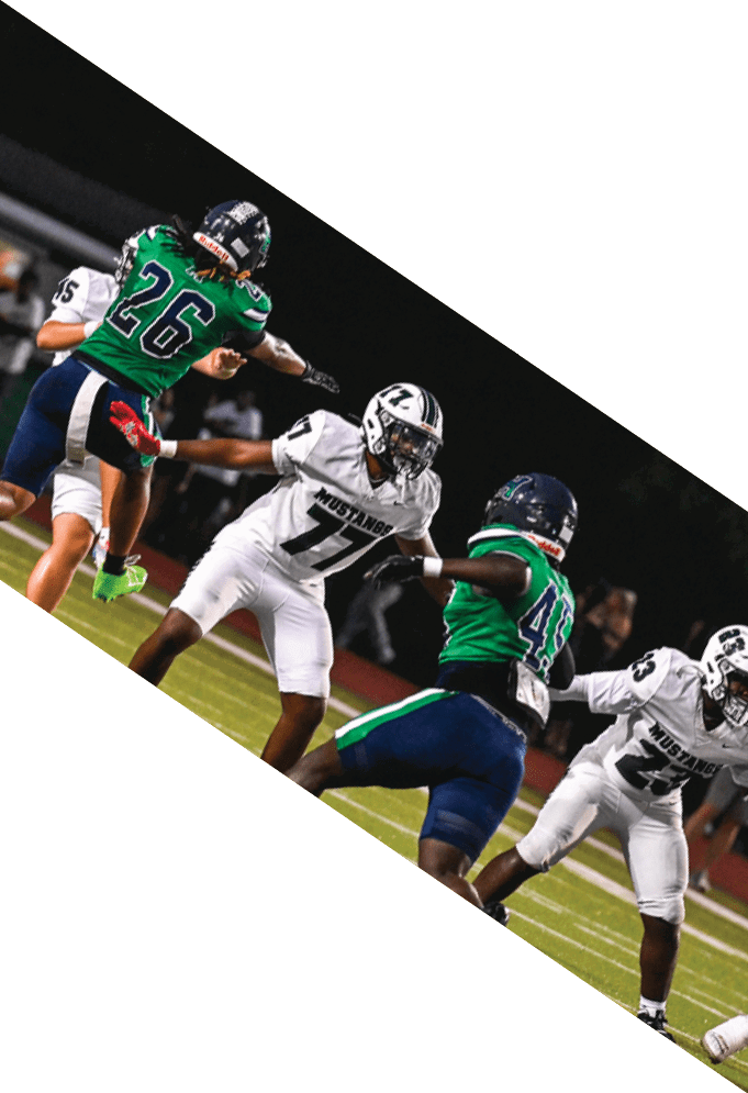 Three football players wearing green uniforms and black helmets pose for a photo. AI generated content