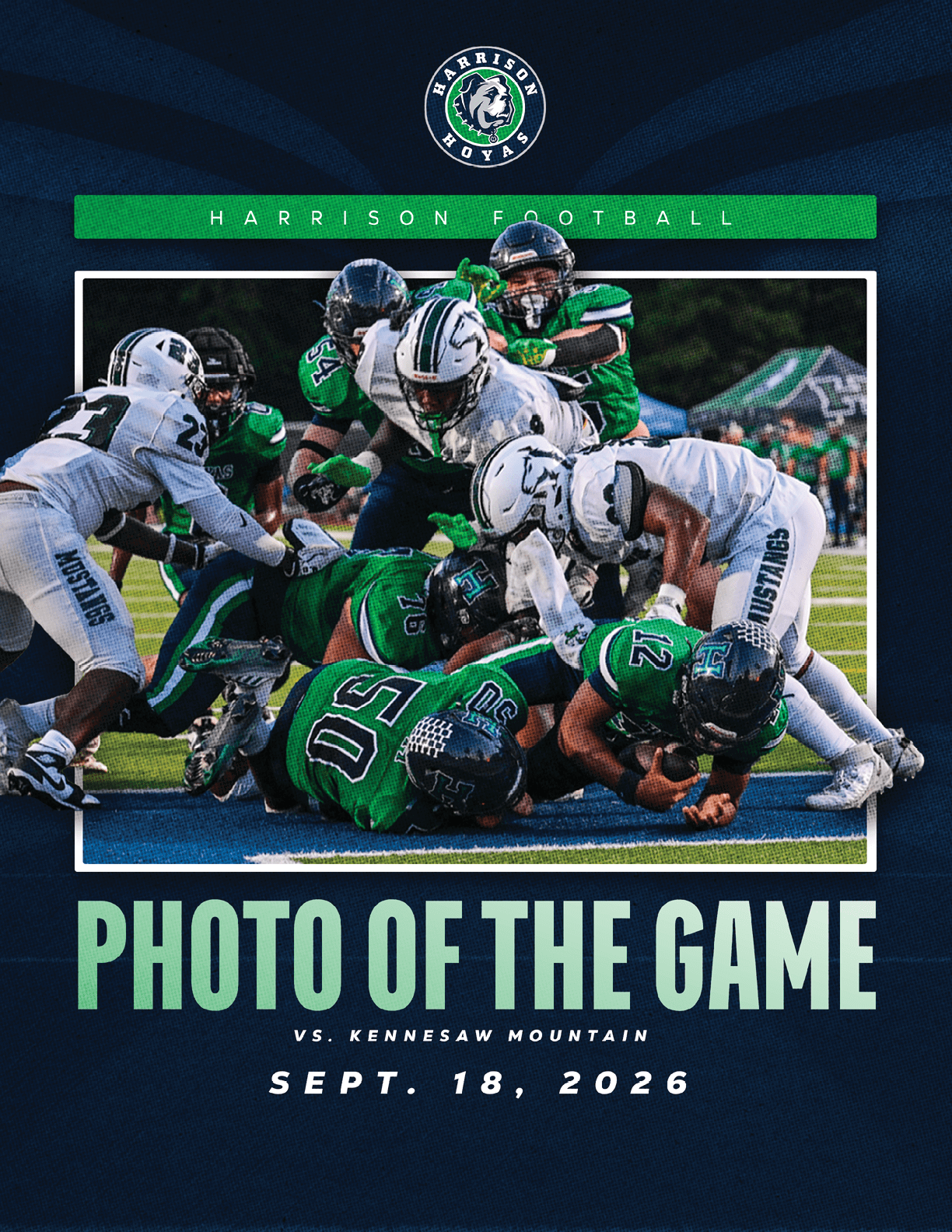 A football player in a green jersey is jumping in the air. Description generated by AI