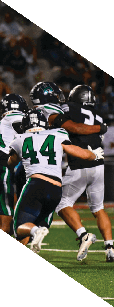 Two young men wearing football uniforms and making hand gestures. AI generated content