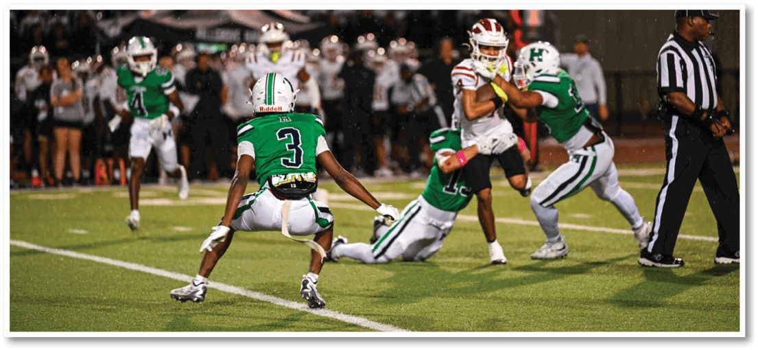 A football player running on the field. Description generated by AI