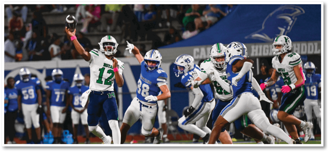 A group of football players on a field. Description generated by AI