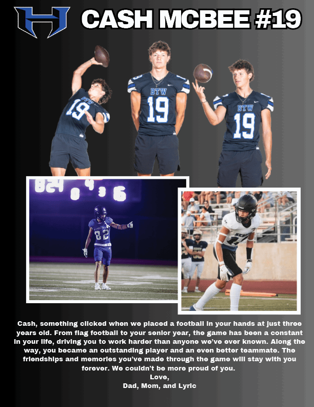 Three adults wearing matching football uniforms with the number 19 are shown in different poses holding a football, accompanied by two smaller photos of adults in football gear on a field, with a heartfelt message about growth, teamwork, and pride from family members. Description generated by AI