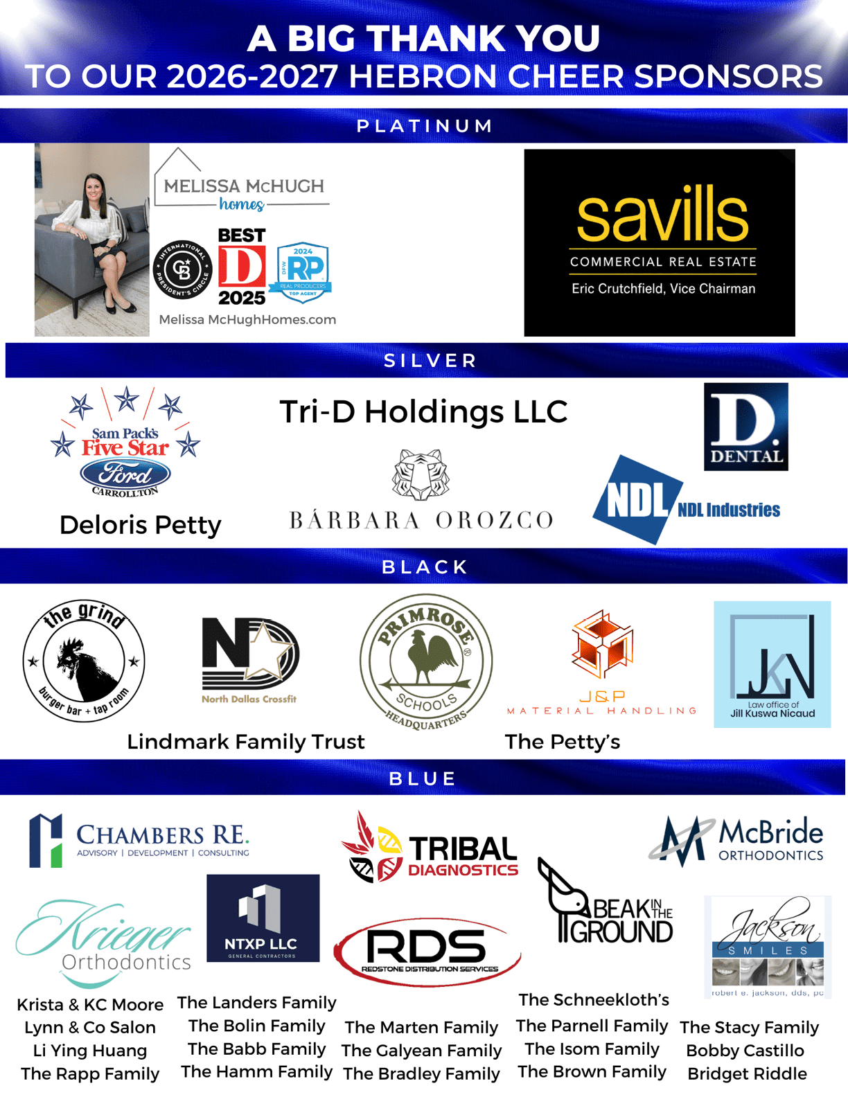 A colorful sponsor thank you banner for the 2026-2027 Hebron Cheer featuring multiple company logos and names organized by platinum, silver, black, and blue levels. Description generated by AI