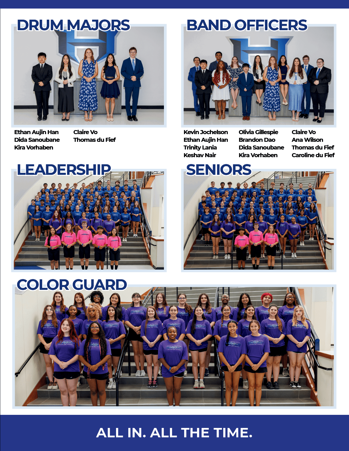 A large group of people wearing blue, purple, and pink shirts are arranged on stairs and in rows for a band photo with smaller inset photos showing drum majors, band officers, leadership, seniors, and color guard members. Description generated by AI