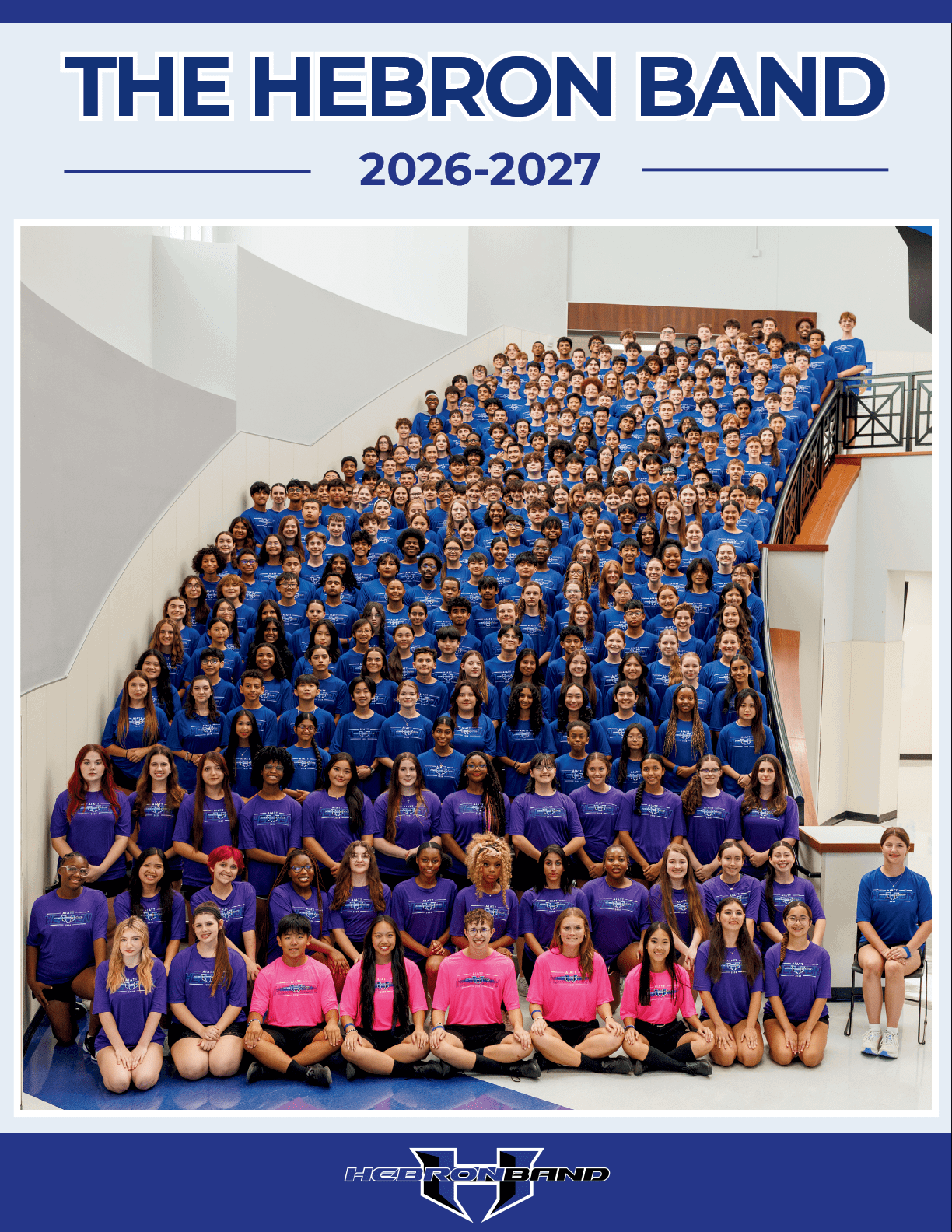A large group of people wearing blue, purple, and pink shirts are arranged on stairs and in rows for a band photo with smaller inset photos showing drum majors, band officers, leadership, seniors, and color guard members. Description generated by AI
