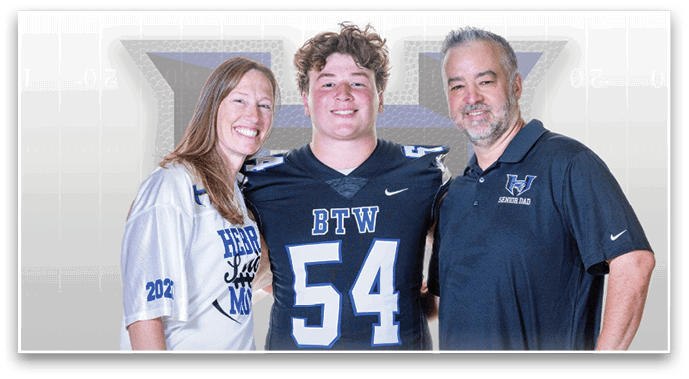 Three people smiling and standing close together with one wearing a football jersey numbered 54 and the others wearing sports-themed shirts. Description generated by AI