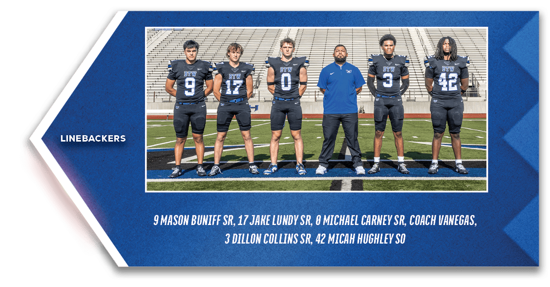 linebackers,9 Mason Buniff SR, 17 Jake Lundy SR, 0 Michael Carney SR, Coach Vanegas, 3 Dillon Collins SR, 42 Micah Hu...