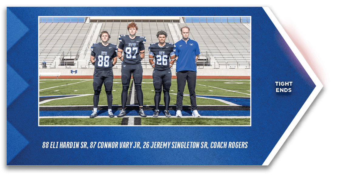 88 Eli Hardin SR, 87 Connor Vary JR, 26 Jeremy Singleton SR, Coach Rogers,TIGHT ENDS,TOP ROW: John Doe, Jason Cooper,...
