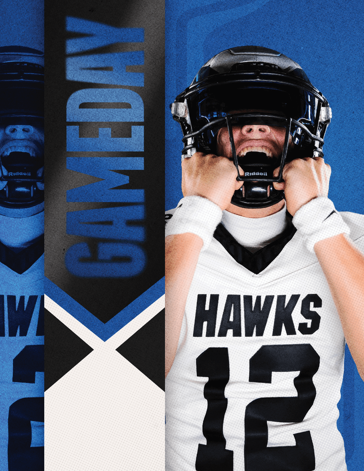 A person wearing a football helmet and white jersey with the number 12 and the word “HAWKS" is adjusting the helmet with both hands against a blue and black background with the word "GAMEDAY" vertically displayed. Description generated by AI
