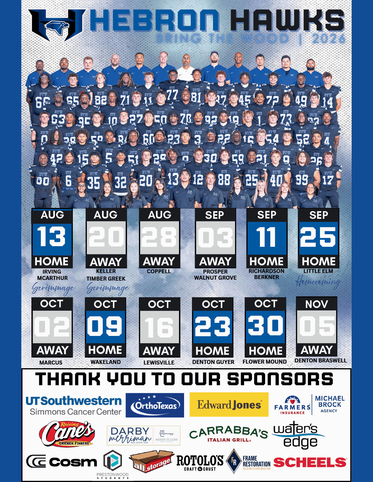 A large group of people in matching sports uniforms pose for a team photo above a schedule of football games for the Hebron Hawks with dates, opponents, and home or away status, along with a thank you message to various sponsors at the bottom. Description generated by AI