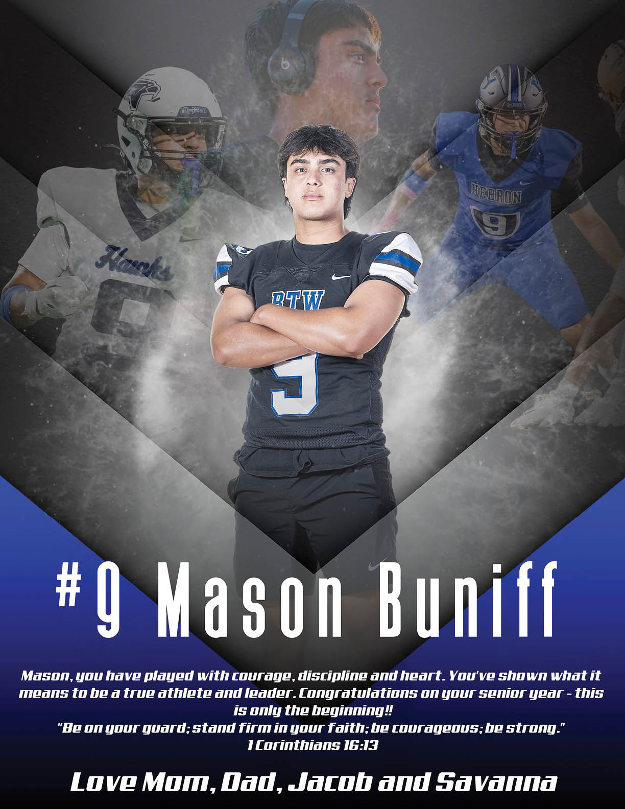 A person in a football uniform stands confidently with arms crossed in front of a background featuring multiple action shots of the same person playing football, accompanied by a motivational message and family love. Description generated by AI