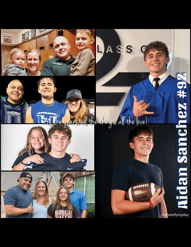 A collage of photos shows a person growing up with family and friends, including graduation in a blue cap and gown, playing football, and smiling in various casual and sports settings. Description generated by AI