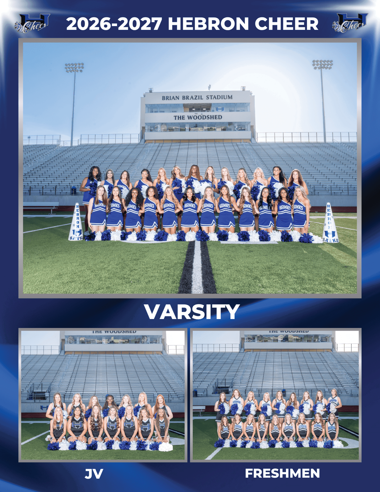 A group of people in blue and white cheerleading uniforms pose in three separate team photos labeled Varsity, JV, and Freshmen on a football field with empty bleachers and a stadium press box in the background. Description generated by AI